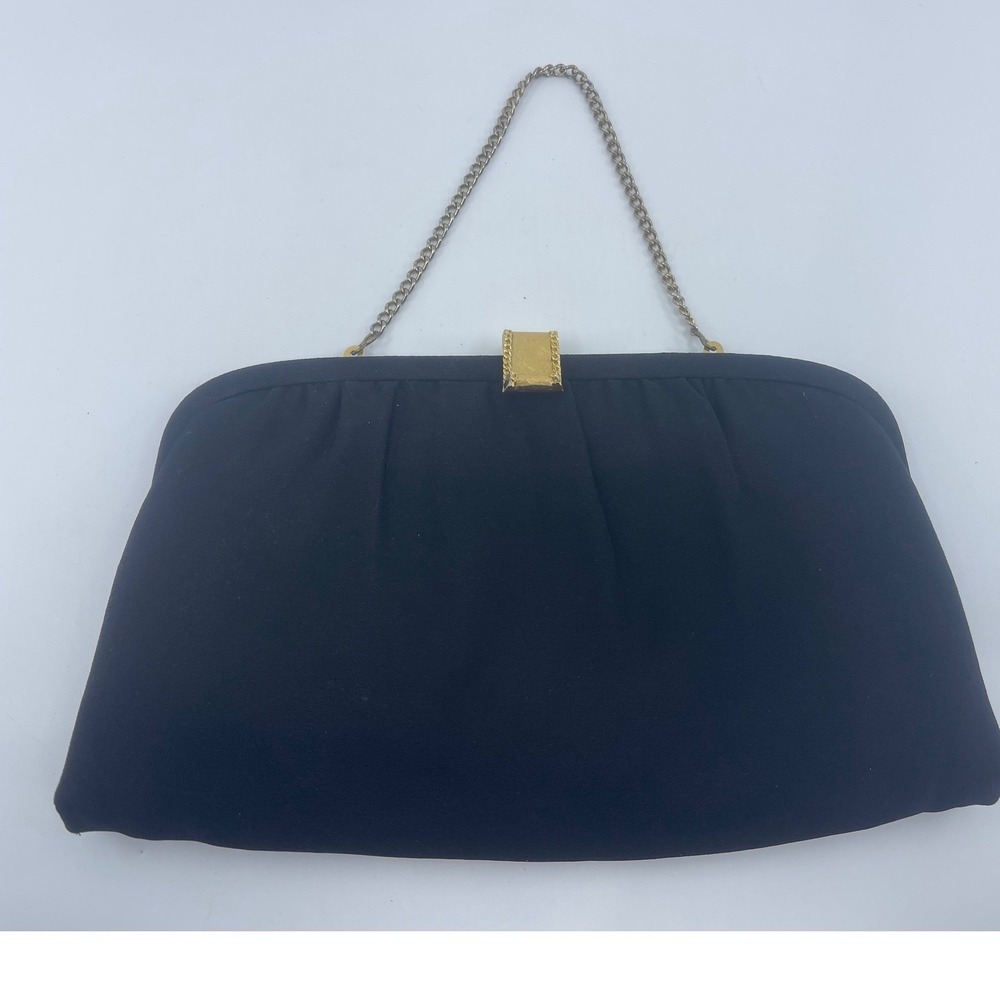 After Five Vintage Black Ruched Evening Clutch Bag Gold Chain USA Made 6"x10"